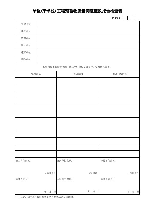 9.11、单位(子单位)工程预验收质量问题整改报告核查表