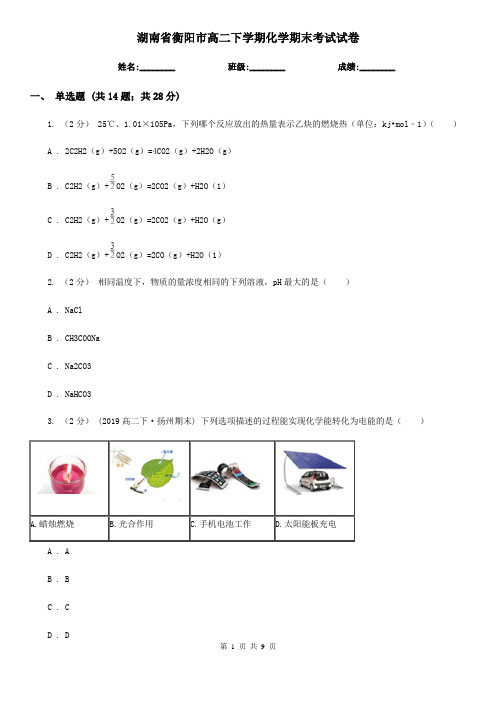 湖南省衡阳市高二下学期化学期末考试试卷