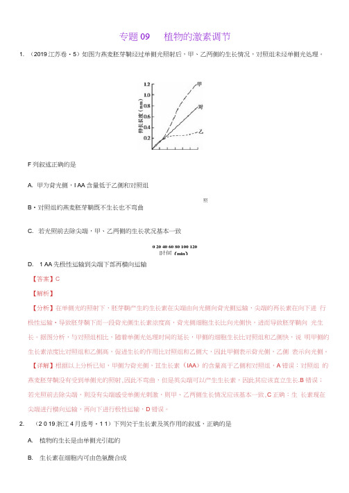 2017-2019三年高考真题生物分类汇编专题09植物的激素调节