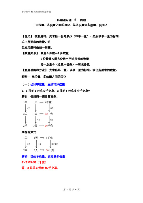 三年级应用题专题：归一问题 (单位量、多倍量之间的互化、从多倍量到多倍量、倍比法)