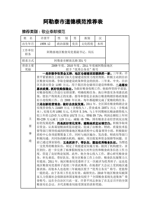 阿勒泰市道德模范推荐表