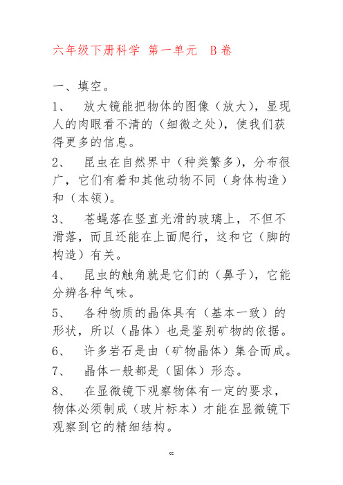 教科版六年级下册科学第一单元  b卷(含答案)教科版