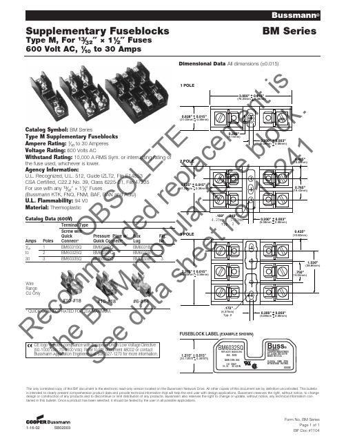 布斯曼（Bussmann）供应商保险丝系列BMSeries型号M的产品数据和技术信息说明书
