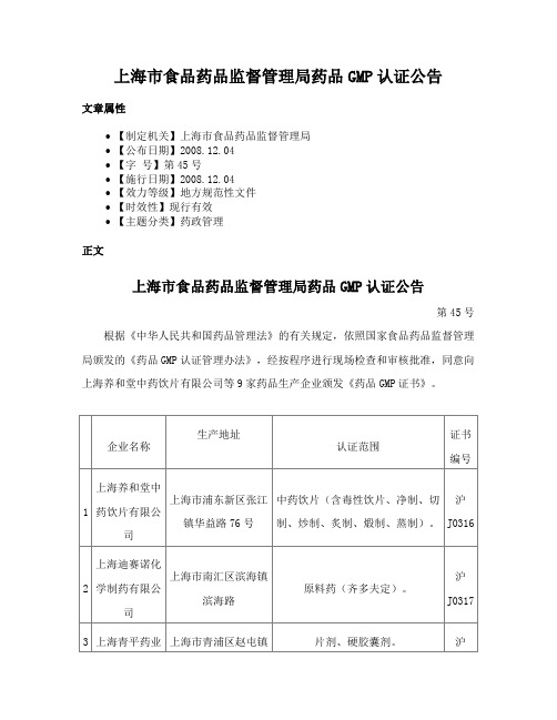 上海市食品药品监督管理局药品GMP认证公告