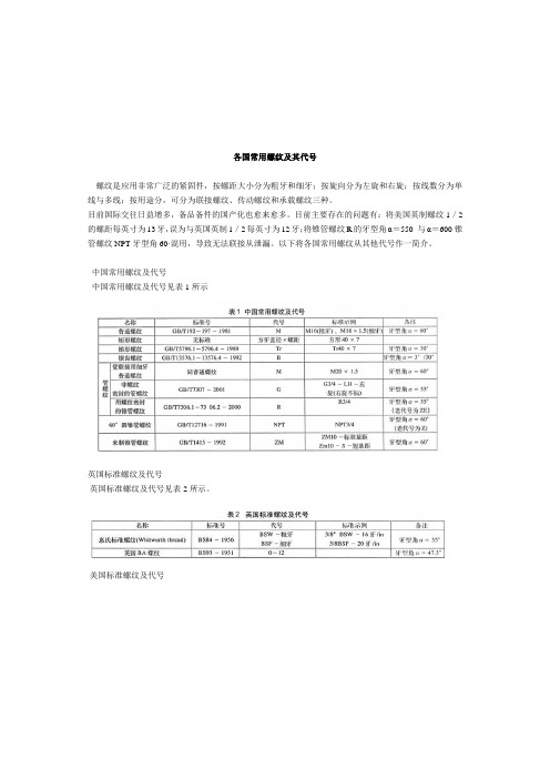 各国常用螺纹及其代号