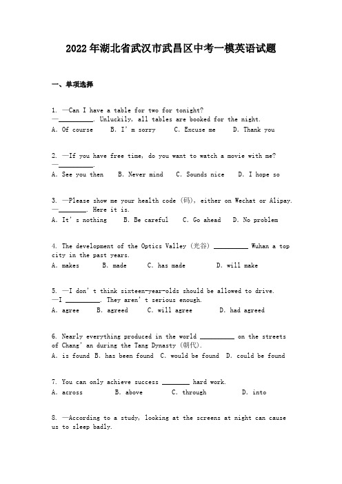 2022年湖北省武汉市武昌区中考一模英语试题