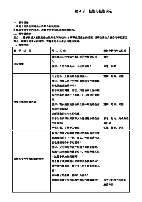 人教版名校八年级上册生物精品教案：第4节性别和性别决定(附模拟试卷含答案)