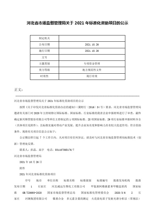 河北省市场监督管理局关于2021年标准化资助项目的公示-