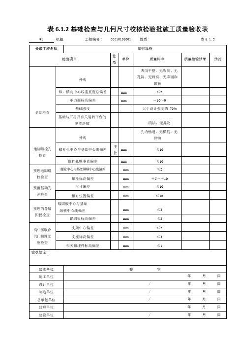 1.基础检查与几何尺寸校核检验批施工质量验收表6.1.2