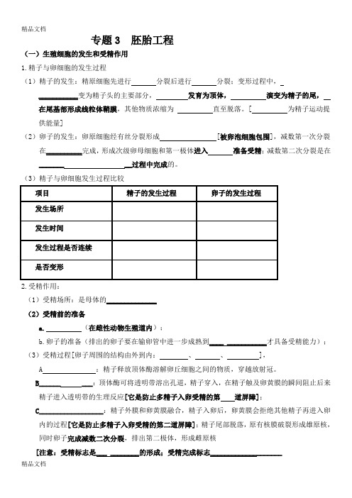 高中生物选修三专题三胚胎工程知识点填空和答案复习进程