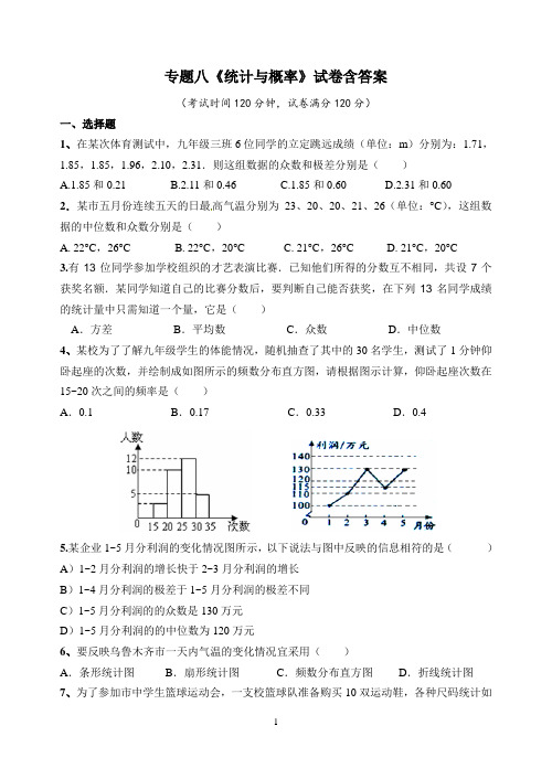 初中数学九年级专题八《统计与概率》试卷含答案