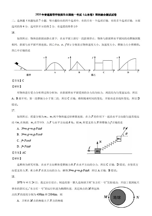 2010年普通高等学校招生全国统一考试(山东卷)物理精校版-推荐下载