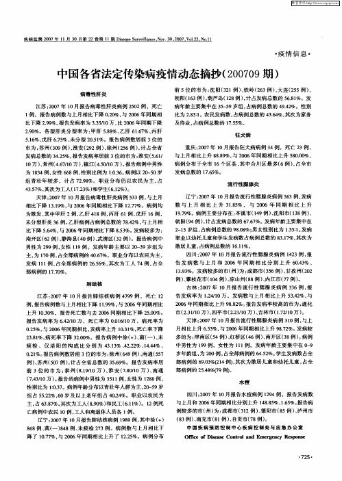 中国各省法定传染病疫情动态摘抄(200709期)