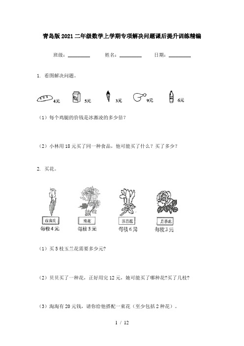 青岛版2021二年级数学上学期专项解决问题课后提升训练精编