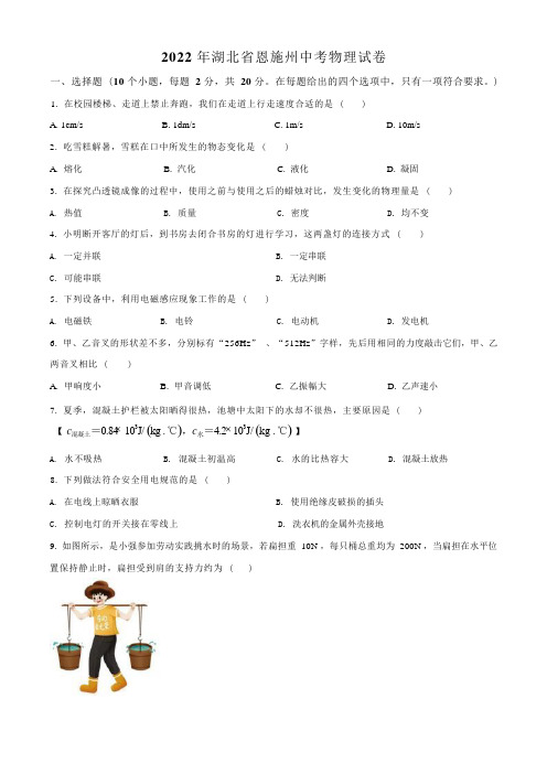 2022年湖北省恩施州中考物理试题(原卷版)