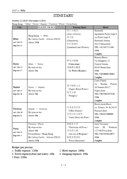 意大利英文行程单(申根签证专用)