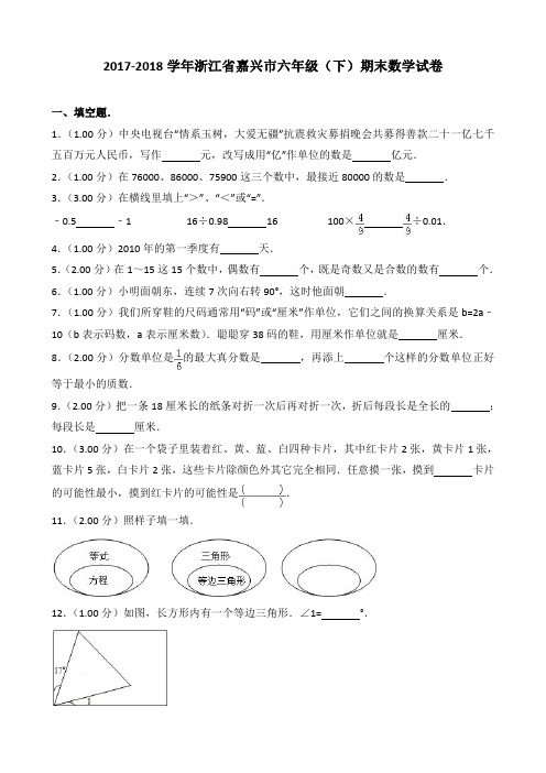 2017-2018学年浙江省嘉兴市六年级(下)期末数学试题