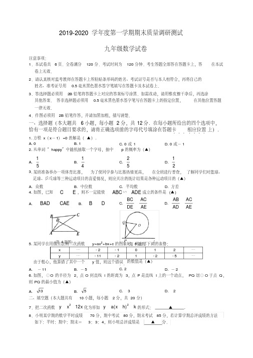 2019-2020学年南京市溧水区九年级上册数学期末质量试卷有答案【优质版】