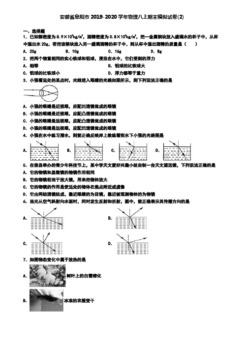 安徽省阜阳市2019-2020学年物理八上期末模拟试卷(2)