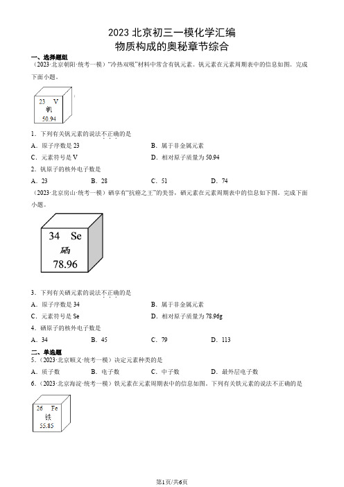 2023年北京市初三一模化学试题汇编：物质构成的奥秘章节综合