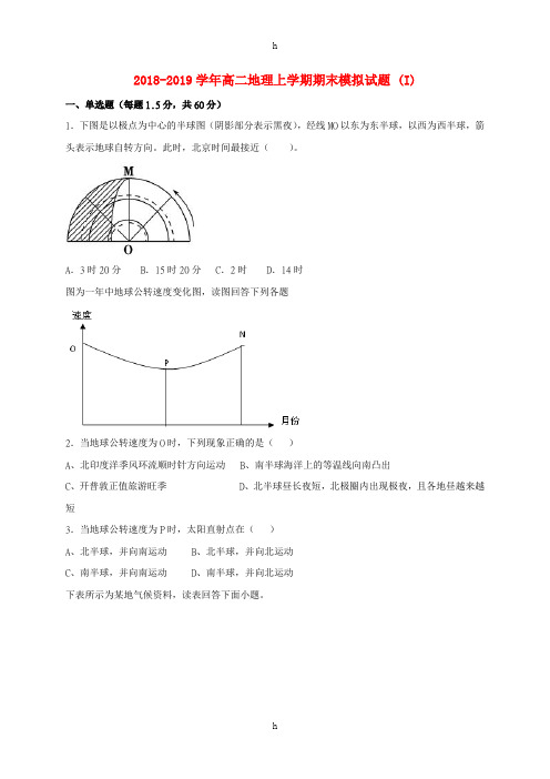 2018-2019学年高二地理上学期期末模拟试题 (I)