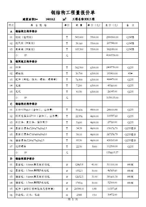 钢结构厂房、框架、网架报价预算范本2019年最新