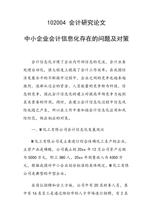 研究论文：中小企业会计信息化存在的问题及对策