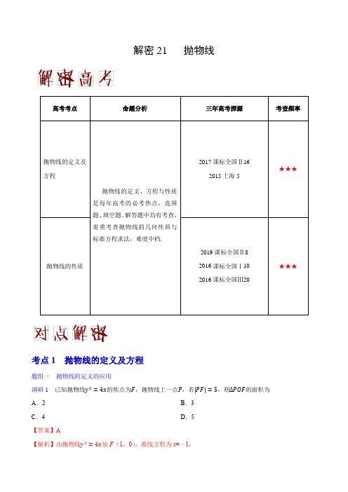 2020年高考数学(理)之高频考点解密21 抛物线(解析版)