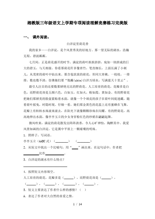 湘教版三年级语文上学期专项阅读理解竞赛练习完美版