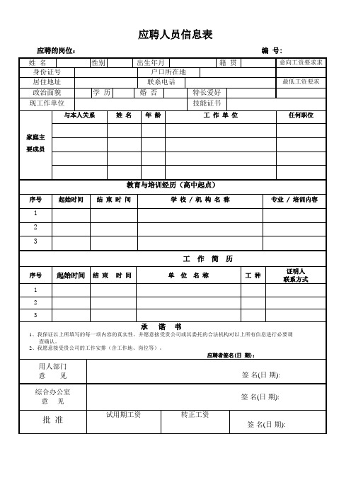 应聘人员信息登记表