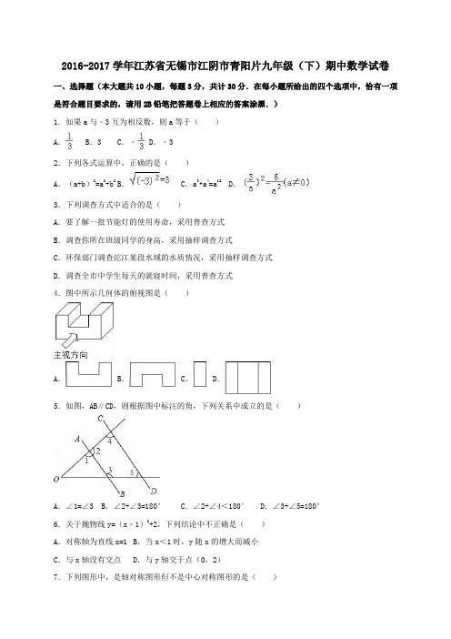 江苏省无锡市江阴市青阳片2017届九年级第二学期期中试卷(含解析)