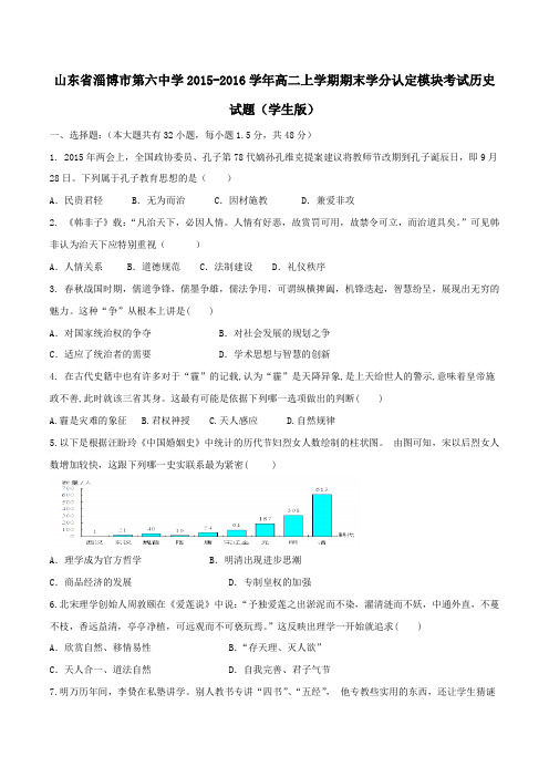 山东省淄博市第六中学2015-2016年学高二上学期期末考试历史试题(原卷版)