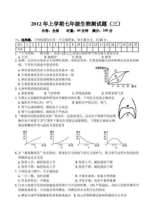 2012年上学期七年级生物测试3