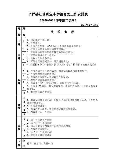 2021年第二学期德育处工作计划表