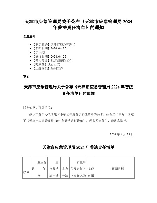 天津市应急管理局关于公布《天津市应急管理局2024年普法责任清单》的通知