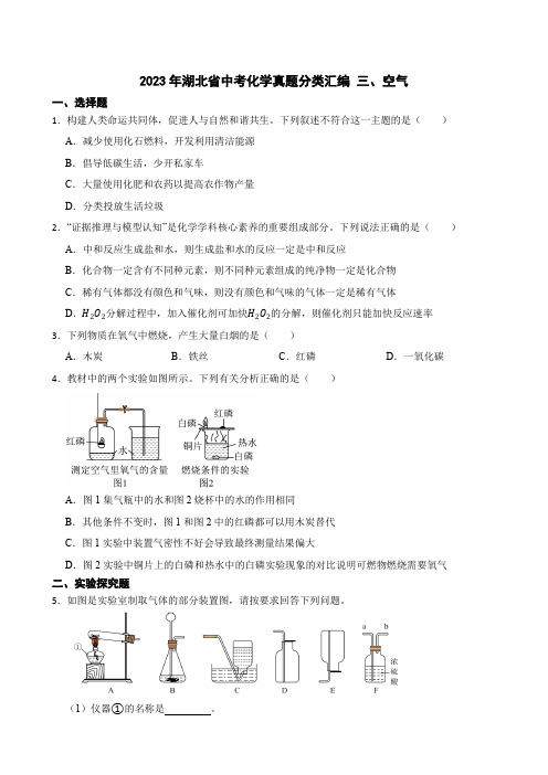 2023年湖北省中考化学真题分类汇编 三、空气