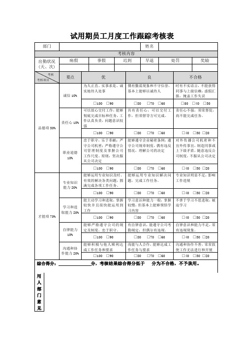 (完整版)试用期员工月度工作跟踪考核表