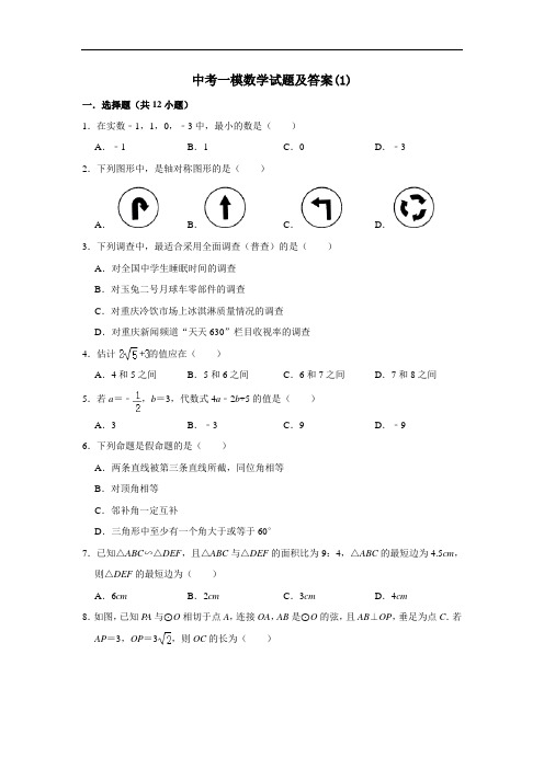 【3套试卷】沈阳市中考一模数学精选及答案