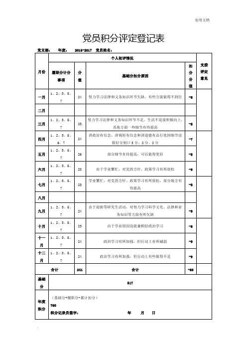 党员积分评定登记表