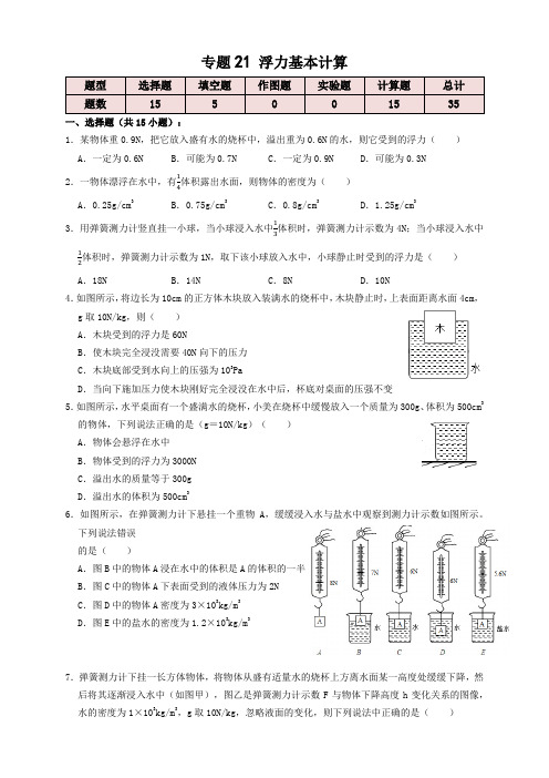 专题21浮力基本计算(知识点复习例题讲解过关练习)-2023年中考物理一轮复习(原卷版)