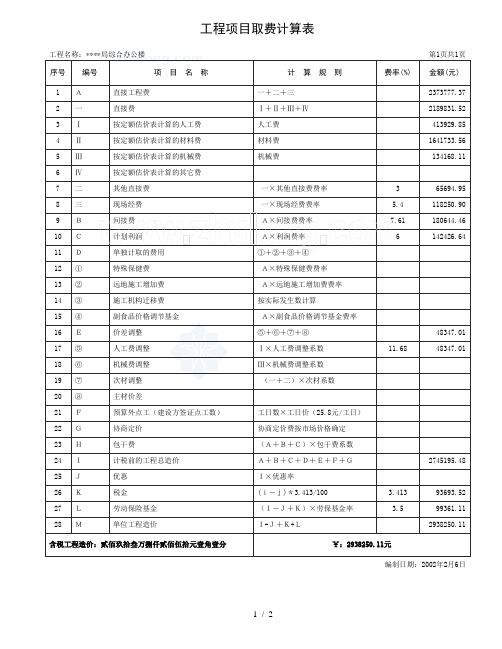 工程项目取费计算表