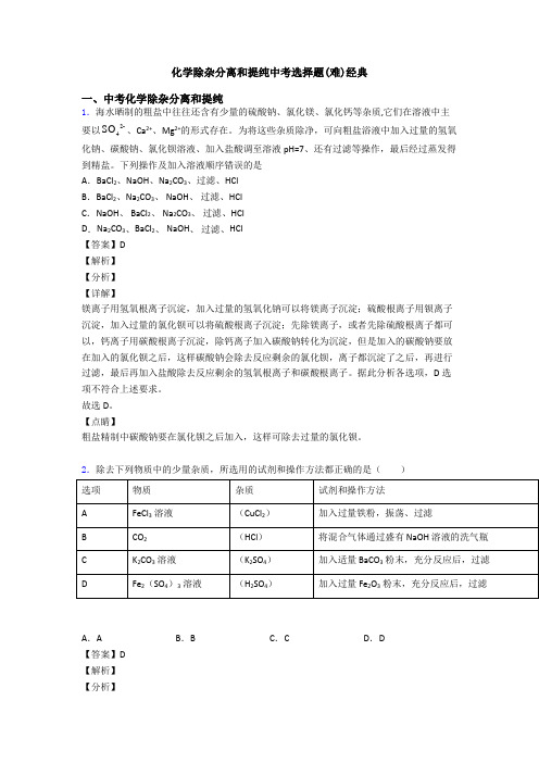 化学除杂分离和提纯中考选择题(难)经典