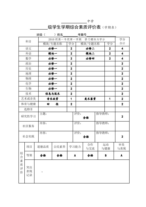 学生学期综合素质评价表上