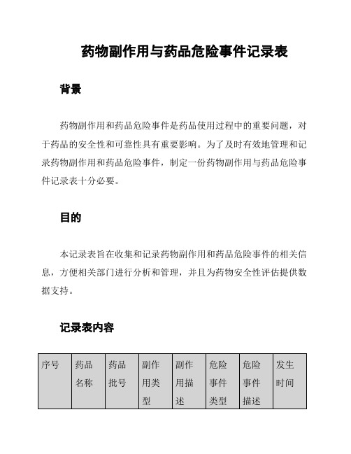 药物副作用与药品危险事件记录表