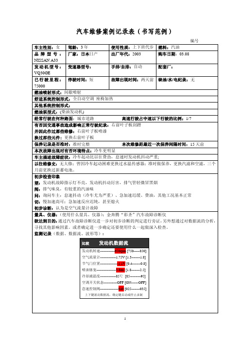 汽车维修案例记录表(书写范例)