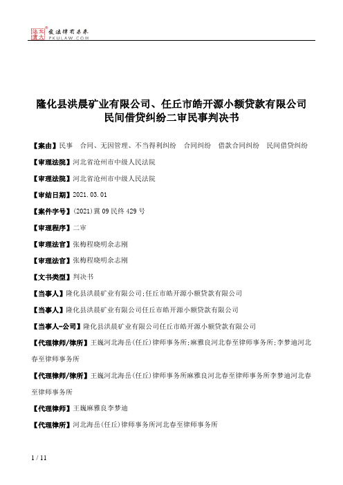 隆化县洪晨矿业有限公司、任丘市皓开源小额贷款有限公司民间借贷纠纷二审民事判决书