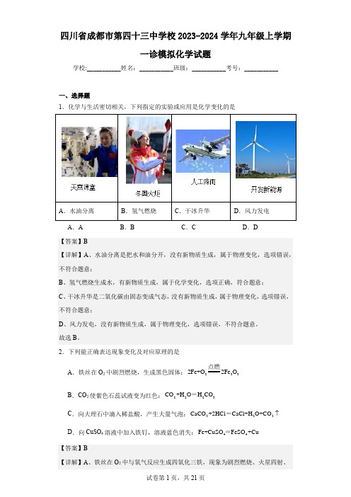 四川省成都市第四十三中学校2023-2024学年九年级上学期一诊模拟化学试题