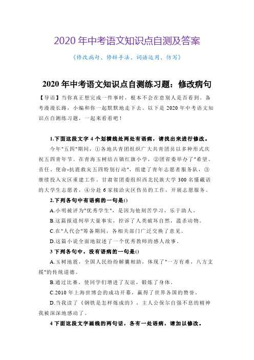 2020年中考语文知识点自测题及答案(修改病句、修辞手法、词语运用、仿写)