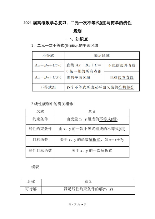 2021届高考数学总复习：二元一次不等式(组)与简单的线性规划