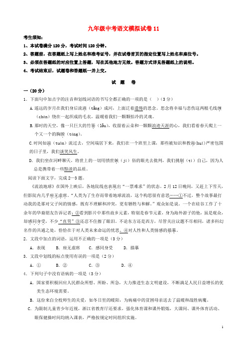 九年级中考语文模拟试卷11(含答案)